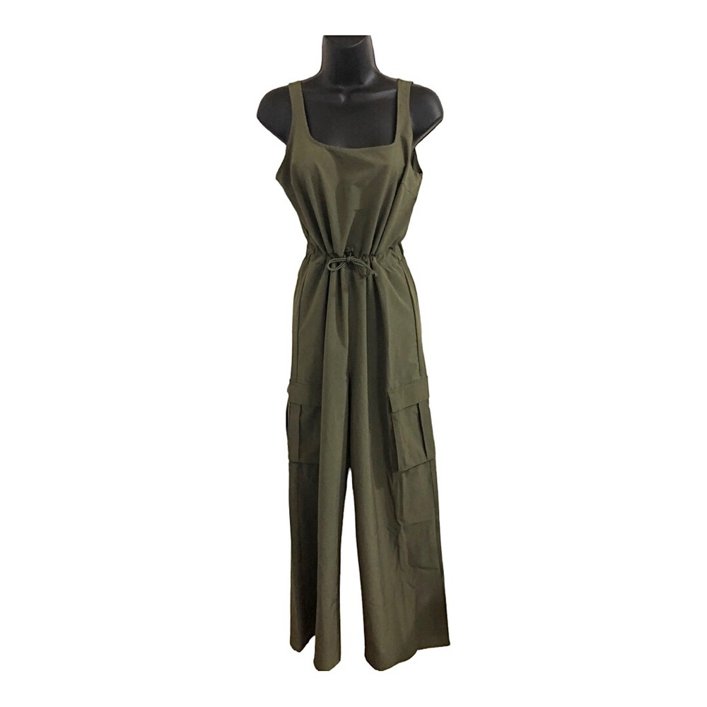 Olive Green cargo style bungee waist active performance look jumpsuit size Small